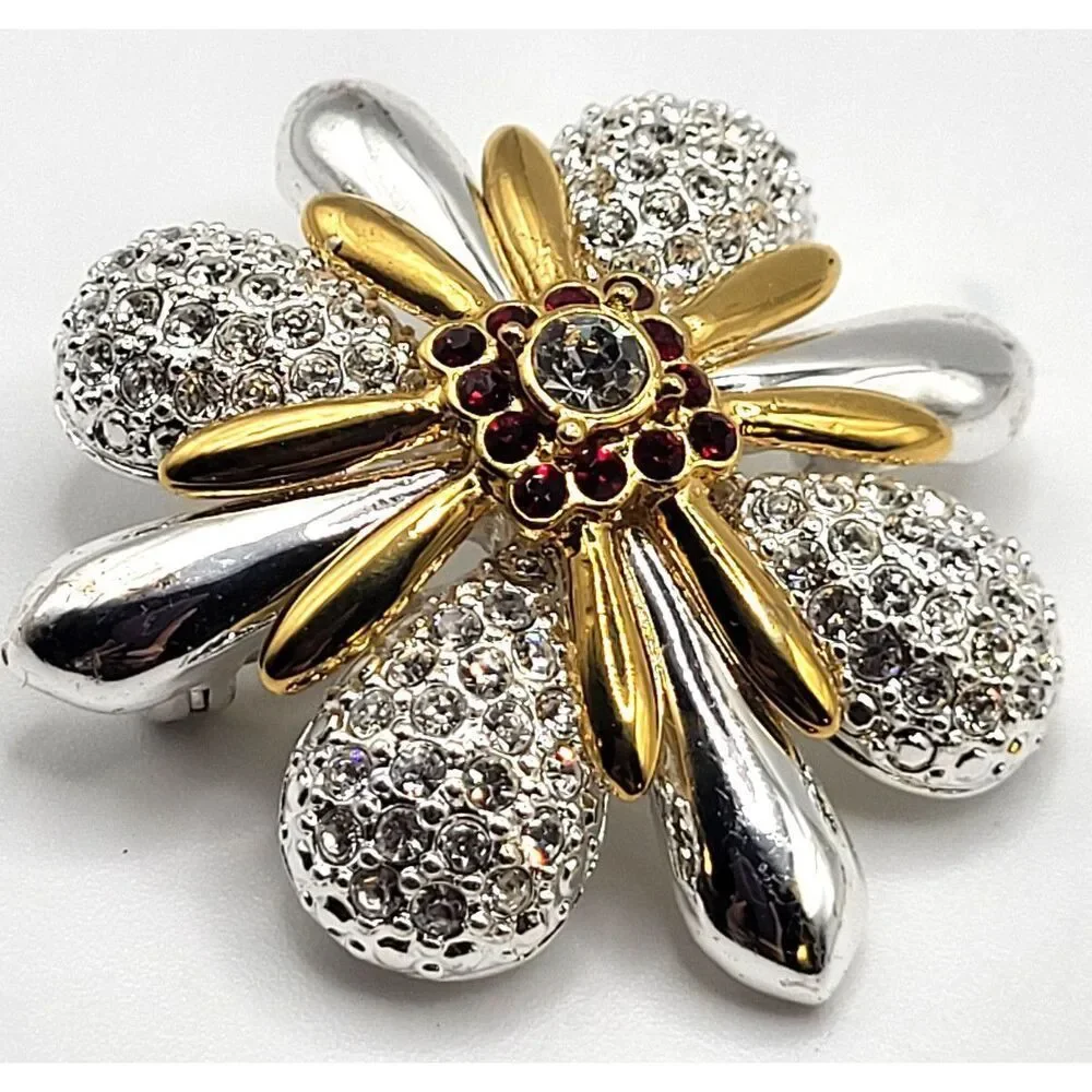 Joan Rivers Silver & Gold Maltese Cross Brooch Rhinestone Encrusted 1.5in